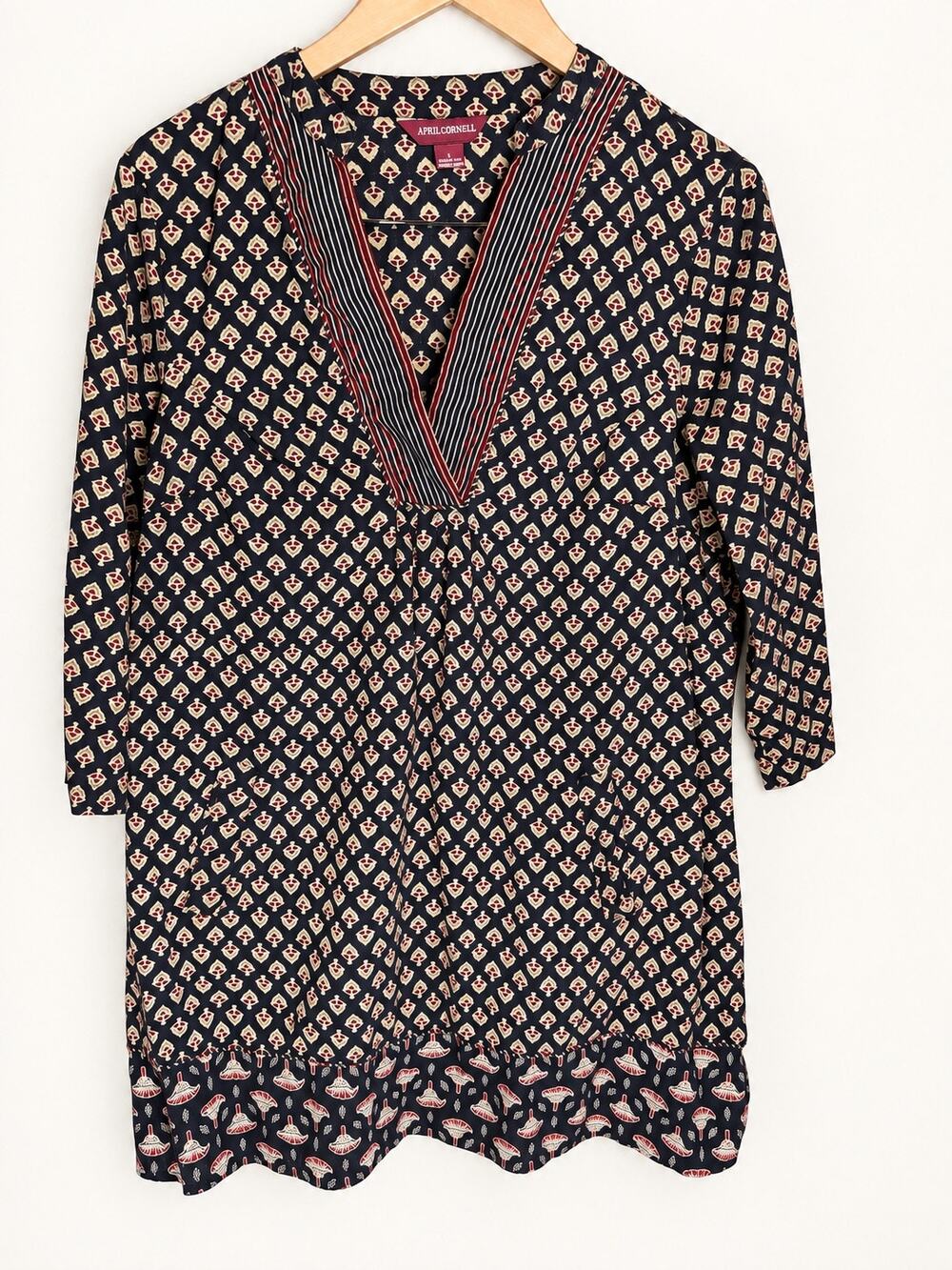 April Cornell Womens L Cotton Tunic Dress Block Print Boho 3/4 Sleeve Pockets
